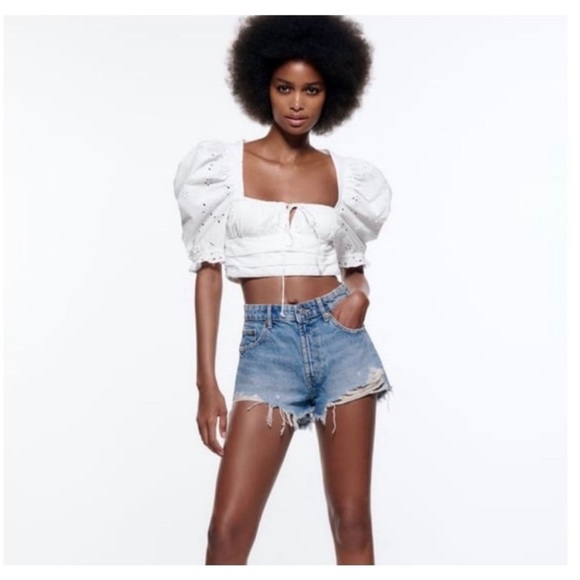 Zara cropped eyelet top white present sleeves balloon bell sleeves - Picture 7 of 8